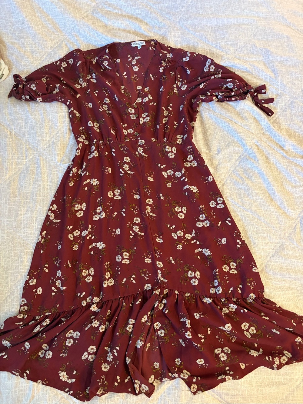 Luxology Burgundy Floral Button Front Midi Dress, Tie Sleeve